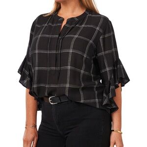 Vince Camuto Women's Plaid Pintuck Flutter 3/4-Sleeve Henley